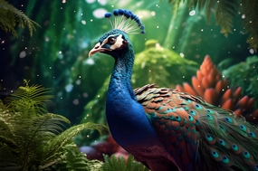 雾气朦胧唯美森林蓝孔雀摄影图片